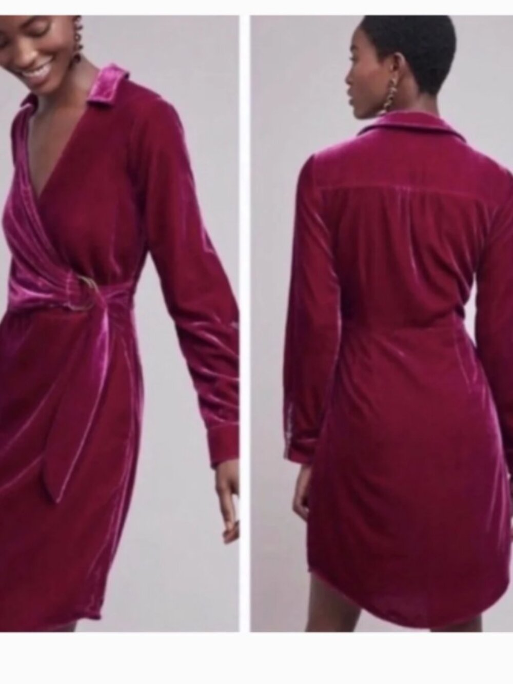 Anthropologie Maeve Sofia Velvet Faux Wrap Belt Shirt Dress Raspberry Pink Sz 6